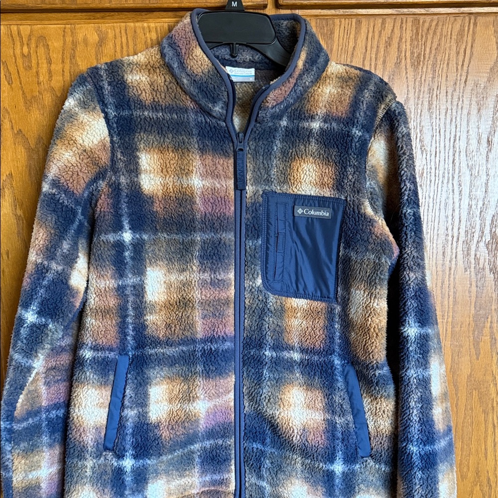 Columbia Blue and Tan Plaid Fleece Jacket